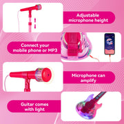 Guitar and Microphone Play Set for Girls,Karaoke Machine with Music&Light,Microphone Toys with Stand,Adjustable Height Guitar Toys for Kids,Toddlers,Child(Red)