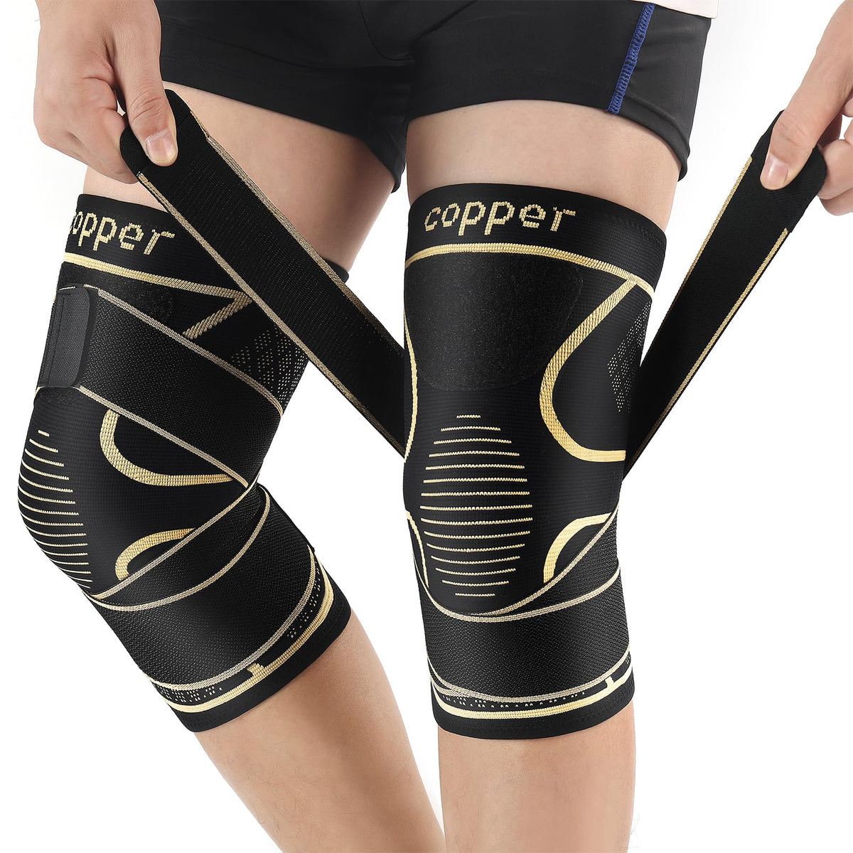 Copper Knee Support Braces with Straps for Men & Women (2 Pack, Large) | Adjustable Non-Slip Knee Compression Sleeves for Knee Pain, Arthritis, Meniscus Tears, Ideal for Running, Sports & Workouts