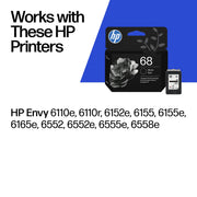 HP 68 Black Ink Cartridge | Works with Envy 6100e, 6500e Series | 7FP21TN