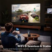 [Built-in Apps] Mini Projector 4K Supported, Android TV OS & Phone Remote | Projector with WiFi 6 & Bluetooth 5.4, Short Throw, Auto Keystone and 180° Rotation for Bedroom, Home Cinema and Outdoor Use