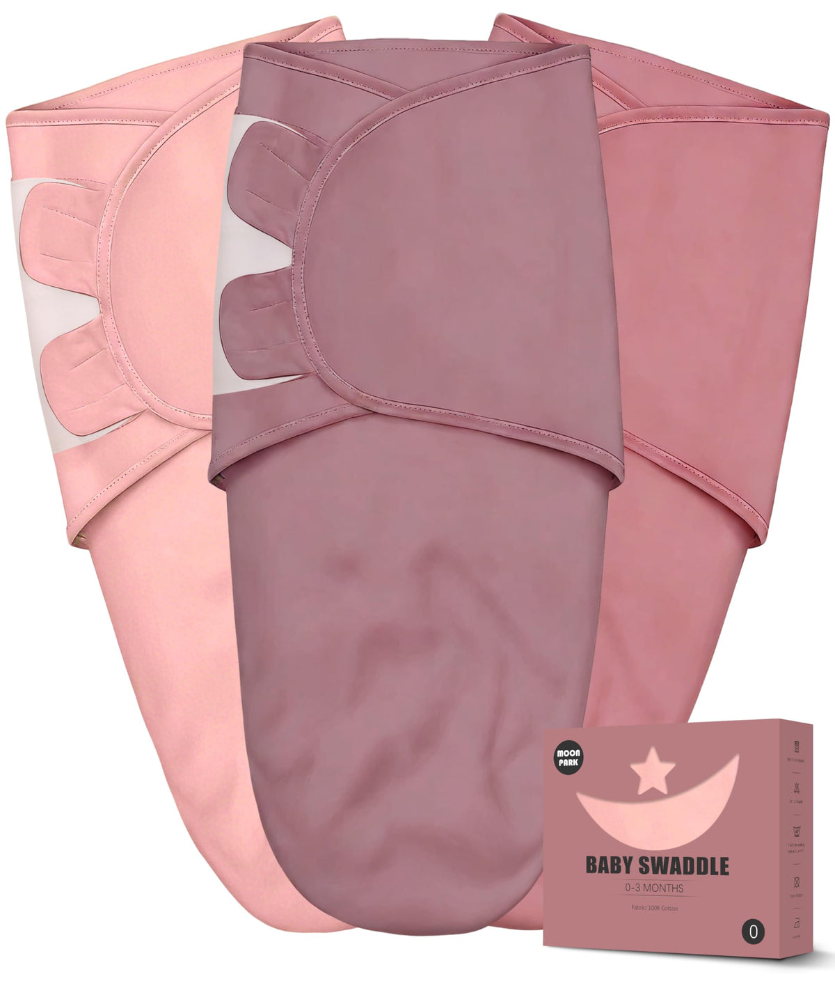 Newborn Swaddle Blanket Wrap 0-3 Months (3-Pack) - Adjustable Infant Sleep Sack, 100% Cotton Anti-Startle Soothing Sack, Soft Breathable Nursery Bedding - Dusty Rose + Pearl + Mauve