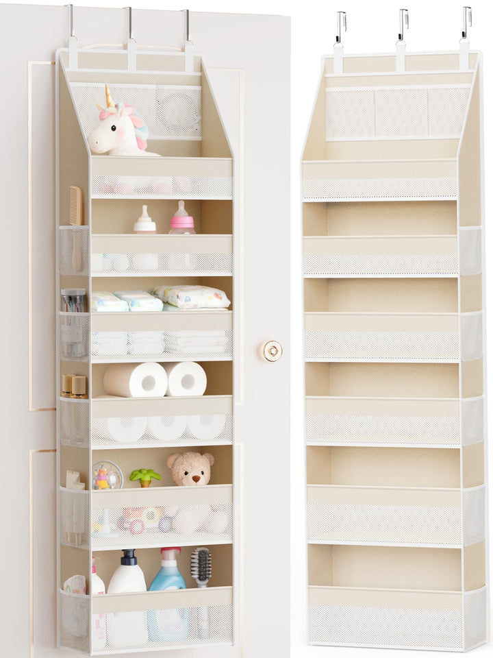 Criusia Over the Door Organizer, 6-Shelf Closet Hanging Storage with 13 Mesh Pockets, 55lbs Capacity Behind the Door Storage for Baby Nursery, Bathroom, Bedroom, and Dorm, Beige