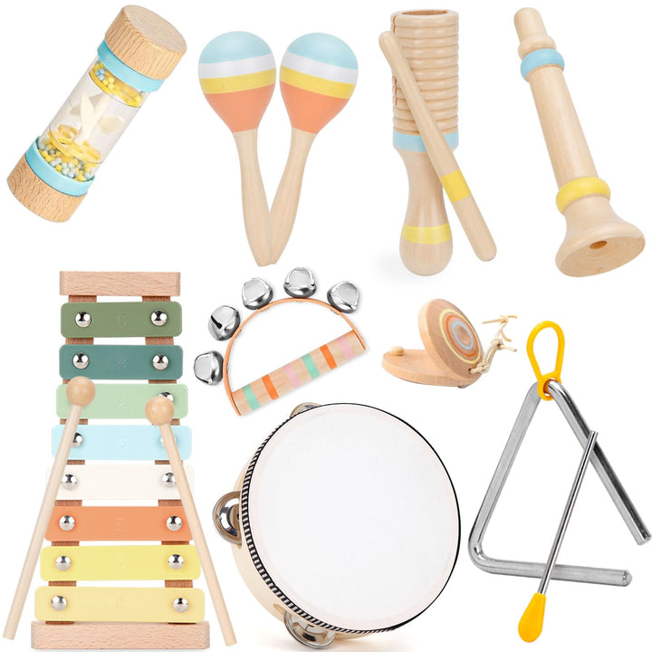 Kids Musical Instruments Set Wooden Montessori Toys for Boys and Girls | musical toy for kids 18 month+, xylophone tambourine set for kids preschool educational, Christmas birthday gift