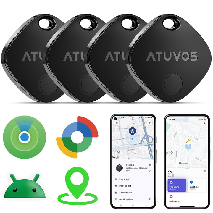 ATUVOS Air Tracker Tags-4 Pack for Android & iOS, Tracker Tags Work with Google Find Hub or Apple Find My APP, Smart Tags for Android, IP67 Waterproof Bluetooth Tracker Tag for Luggage, Keys