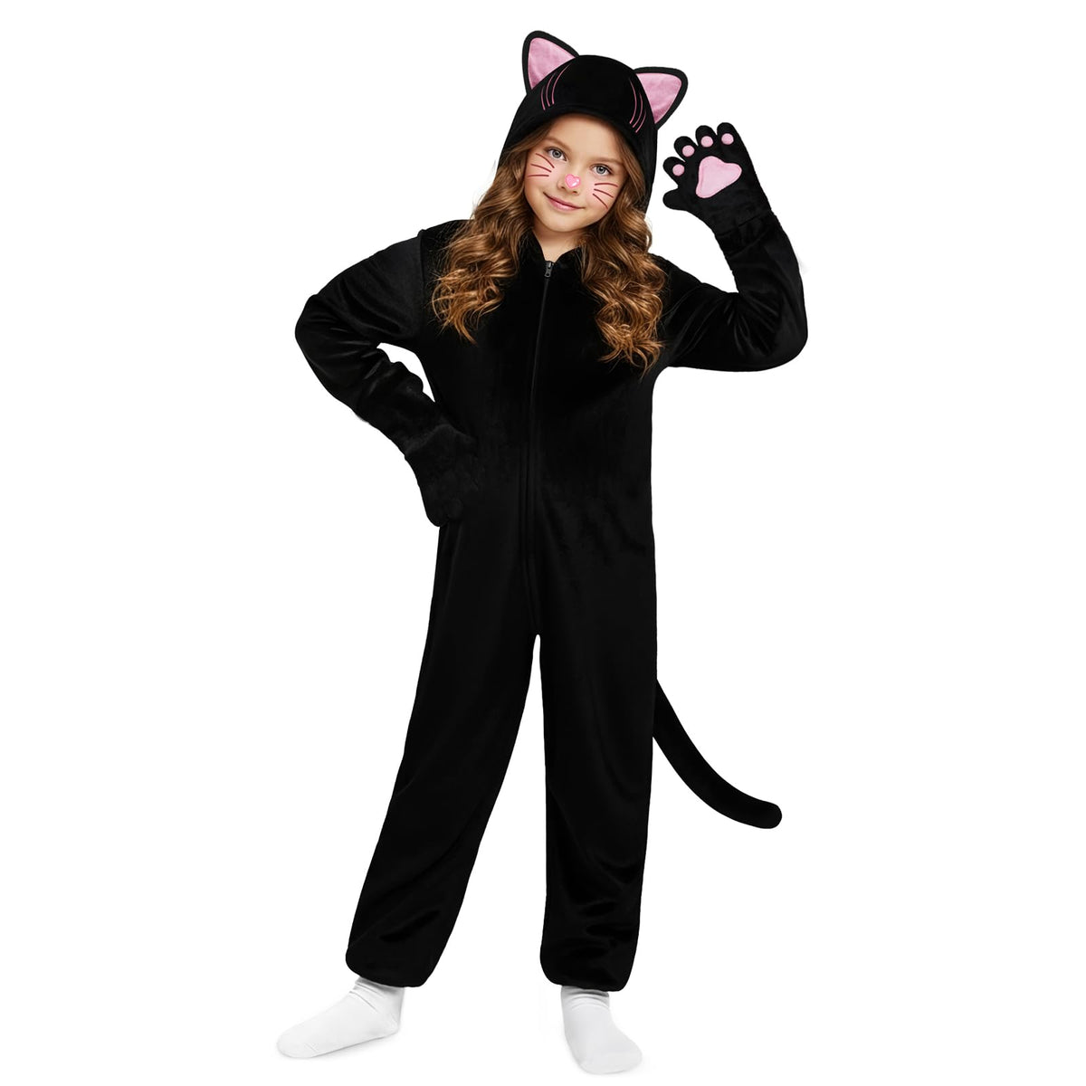 Halloween Cat Costume for Girls - Animal Costume Dress Up Gifts for Kids | Black Cat Halloween Costumes for Kids Age 3-10, Cheetah Costume Onesie, 3D Hood, Gifts for Birthday Party Cosplay, Role Play