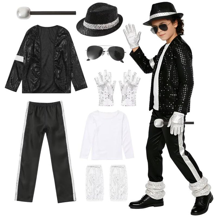 VIIOMUYE Boys Halloween Costume Set 8 Pcs 80s 90s Retro Dance Disco Cosplay | Retro dress up set with fun accessories for Halloween parties stage shows themed play ages 3 to 12 years