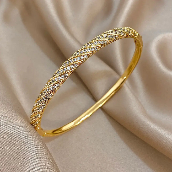 Twisted Zircon Cuff Bracelet for Women, Gold Plated Copper Micro Pave Stackable Bangle