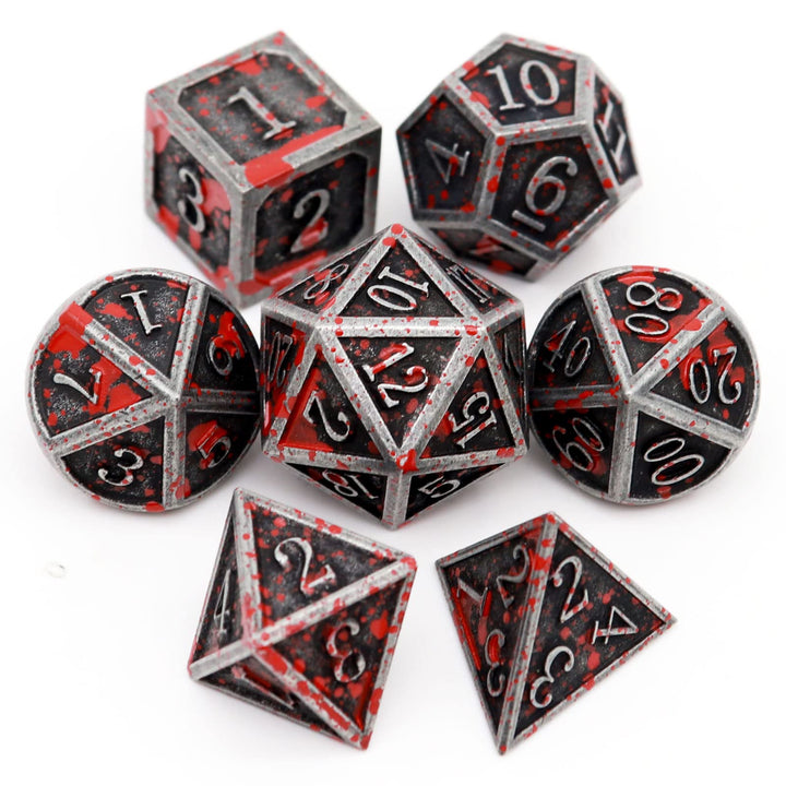 Haxtec Metal DND Dice Set, 7 Pcs Bloodstained Polyhedral Dice for RPG | Blood D&D Dice with Leather Bag, Compatible with Dungeons and Dragons, Heavy Metallic, Halloween Dice, TTRPG Gifts