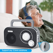 DreamSky AM FM Portable Radio Plug in Wall or Battery Operated | for Home & Outdoor, Strong Reception, Large Dial Easy to Use, Transistor Antenna, Headphone Jack, Elderly Seniors Small Gifts