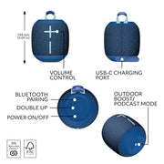 Ultimate Ears WONDERBOOM 4 Portable Waterproof Speaker - Blue | Balanced 360-Degree Sound and Bass, Dustproof, Floating, 131ft (40m) Range
