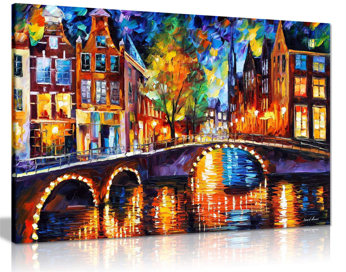 Framed Canvas Wall Art - Leonid Afremov Bridges of Amsterdam Painting | Colourful Nighttime Cityscape Print for Living Room, Bedroom, Hallway - Ready to Hang on Solid Pine Frame, Panther Print