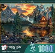 Prime Time Puzzles Adult Jigsaw Puzzle 1000 Piece Mountain Cabin | Features a serene lake cabin scene, finishing at 20x27 inches. Great for game nights on a table, puzzleboard, or floor.