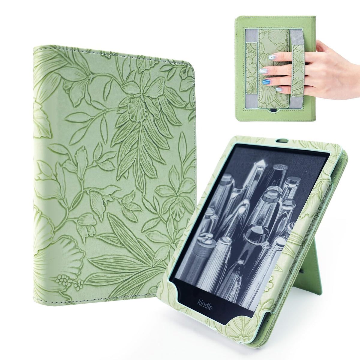 7"/6.8" Green Embossed Case Compatible with Kindle Paperwhite 11th/12th Gen,Colorsoft Signature Edition 2024,Retro Flower Book Cover Hand Strap Stand Auto Wake Design Accessories 2025
