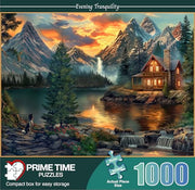Prime Time Puzzles Adult Jigsaw Puzzle 1000 Piece Mountain Cabin | Features a serene lake cabin scene, finishing at 20x27 inches. Great for game nights on a table, puzzleboard, or floor.