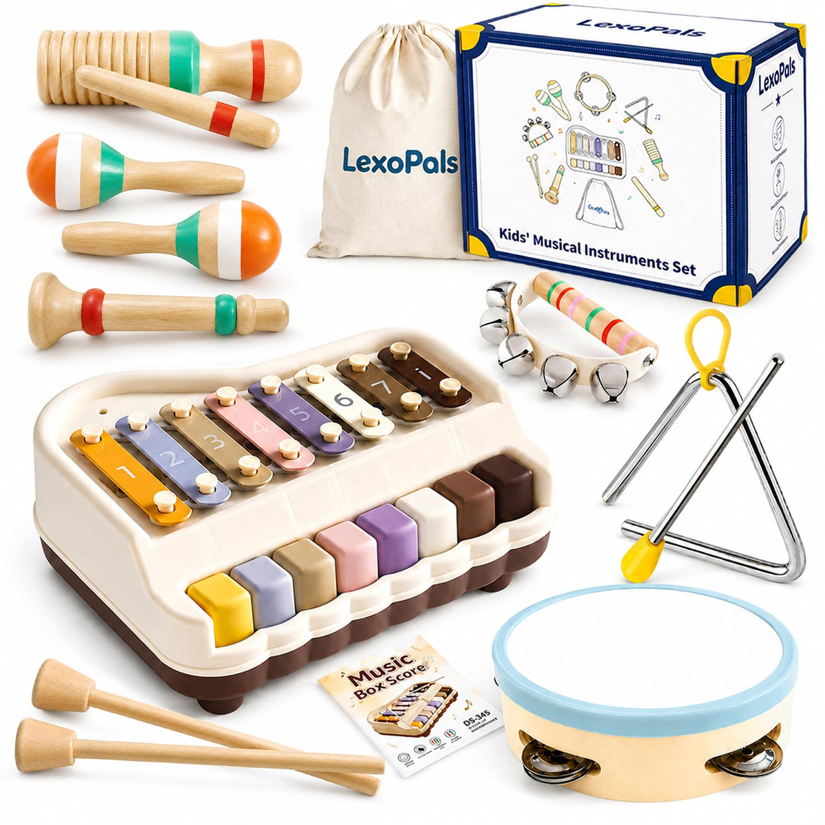 LexoPals Kids'Musical Instruments Set, Montessori Toys for Toddlers | 2-in-1 Piano Xylophone & Wooden Toys Set, Neutral Preschool Educational Percussion Instruments, Birthday Gifts for Kids