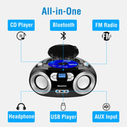 MEGATEK Portable CD Player Boombox with Bluetooth & FM Radio – Black | USB Playback, Clear Stereo Sound, AUX Input, Headphone Jack, CD-R/RW & MP3-CD Support, LCD Display, AC/Battery Powered