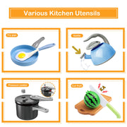 130Pcs Kitchen Playset, Toddler Pretend Cooking Play Pots, Pans, Utensils Cookware, Daily Food Fruit Veges, Shopping Storage Basket, Dessert, Prop Money, Learning Gift for Child (Blue)