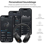 TOZO HT3 Hybrid Noise Cancelling Wireless Headphones, 90H Over Ear Headset | Hi Res Audio, AI Voice Assistant, Dual Device Connection, 32 Custom EQs, Built In 5 Mics, ANC, Foldable, Bluetooth 6.0 Black