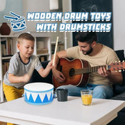 Kids Drum Set,8" Wooden Drum Toys with Adjustable Strap and 2 Drumsticks,Sensory Musical Instrument for Toddler Boys & Girls,Party Gift(Blue)