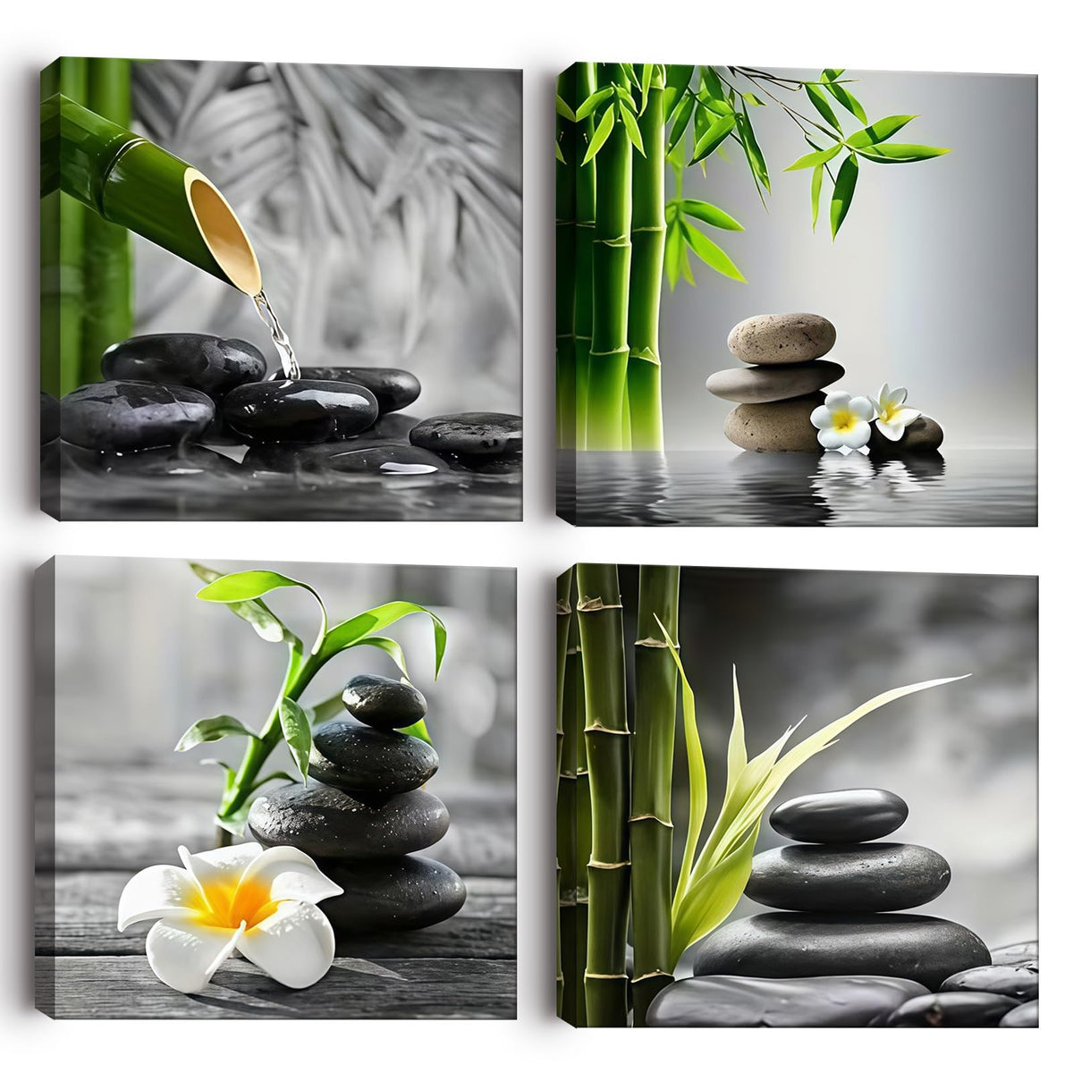 Canvas Wall Art Set of 4 Framed Zen Spa Bamboo Stone Prints, Wall Art for Living Room Bedroom Hallway Study, HD Moisture-Resistant Artwork with Velcro & Pre-Installed Hooks, No Drilling, 30 x 30 cm