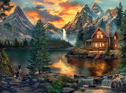 Prime Time Puzzles Adult Jigsaw Puzzle 1000 Piece Mountain Cabin | Features a serene lake cabin scene, finishing at 20x27 inches. Great for game nights on a table, puzzleboard, or floor.