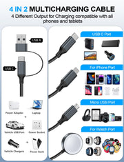 4-in-2 Multi Charging Cable for Apple Watch Charger/iPhone/Samsung Charger | Travel Essentials,Type C/Lightning/iWatch/Micro Charging Power Cable for Galaxy/iPhone/iWatch Ultra/12-2/Airpods[1.2M]