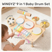 WINGYZ Kids Drum Set, 9-in-1 Montessori Toys | Wooden Musical Instruments for Toddlers, Baby Musical Toys with Drums, Xylophone, Helps Hand-Eye Coordination