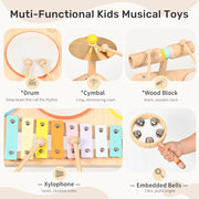 WINGYZ Kids Drum Set, 9-in-1 Montessori Toys | Wooden Musical Instruments for Toddlers, Baby Musical Toys with Drums, Xylophone, Helps Hand-Eye Coordination