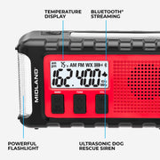 Midland - ER310PRO, Portable Emergency Bluetooth Weather AM/FM Radio | 10,000 mAh Power Bank - Multiple Power Sources, SOS Flashlight, Ultrasonic Rescue Dog Siren, & NOAA Weather (Red/Black)