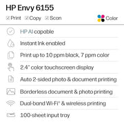 HP Envy 6155 Wireless All-in-One Color Inkjet Printer, Print, Scan, Copy, Duplex Printing Best-for-Home, 3 Month Trial of Instant Ink Included, AI-Capable (C2WR7A) Portobello