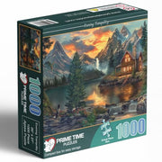 Prime Time Puzzles Adult Jigsaw Puzzle 1000 Piece Mountain Cabin | Features a serene lake cabin scene, finishing at 20x27 inches. Great for game nights on a table, puzzleboard, or floor.