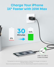 Anker Phone Charger, 20W USB C Charger Block, Type C Charger Fast Charging | For iPhone 18 Pro/17/17 Plus/17 Pro Max/16/16 Plus/16 Pro Max/15 Pro Max/iPad Pro and More (2-Pack with 2 Cables, Black)