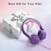 Kids Headphones for School with Microphone, 93dB Volume Limited, PinkPurple | Wired On Ear Headphones for Girls Boys, Foldable Lightweight Headphone for Classroom Learning & Entertainment Travel Computer