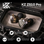 Linsoul KZ ZS10 Pro, 4BA+1DD 5 Driver in Ear Monitor, HiFi Wired Earbuds, Gaming Earbuds, Hybrid IEM Earphones with Stainless Steel Faceplate, Detachable Cable for Musician(Without Mic, Black)