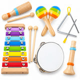 Montessori Wooden Musical Instruments Toys for Kids,Educational Drum Set for Kids with Xylophone & Maracas and More,Preschool Music Toys for Boys and Girls,Christmas Birthday Gift