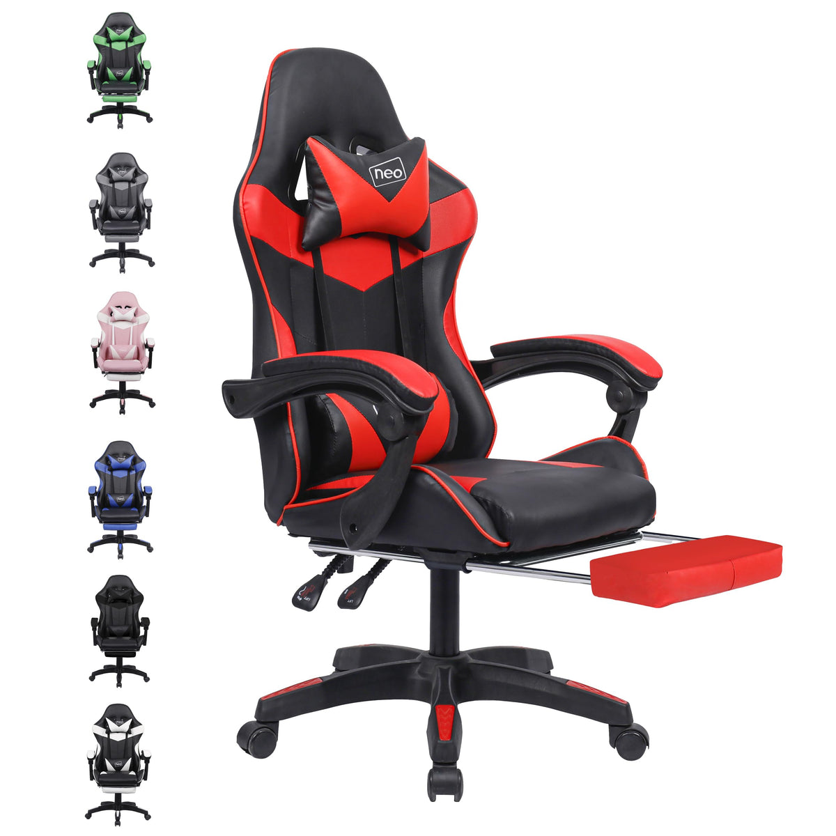 Neo® Executive PU Leather Massage Sport Racing Car Gaming Office Chair With Lumbar Support With Footrest (Red)