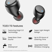 TOZO T6 Wireless Earbuds Bluetooth 5.3 Stereo Sound in Ear Headphones | OrigX Stereo Deep Bass, 40H Playtime, Lighter Ear buds, IPX8 Waterproof, wireless Charging Case, 32 EQs via APP Dark Black