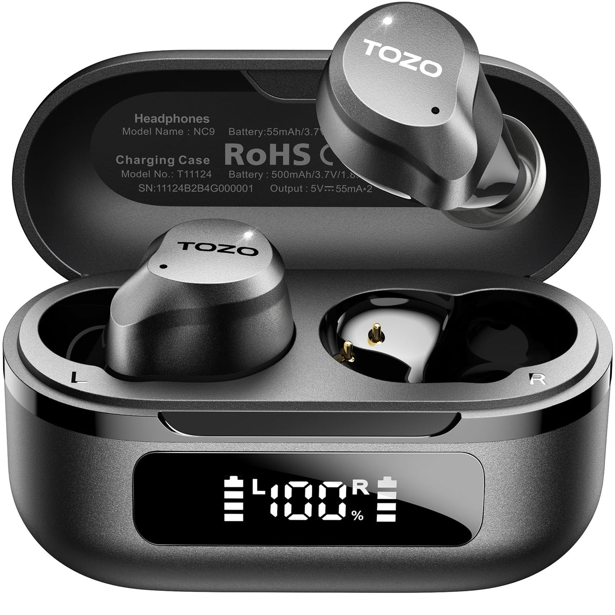 TOZO NC9 Hybrid Active Noise Cancelling Wireless Earbuds, 60H, LED Display | 6 Mic ENC Clear Calls, Deep Bass Sound, IPX8, in Ear Bluetooth 5.3 Headphones,32 EQs via APP, Comfort Fit Ear Buds, Black