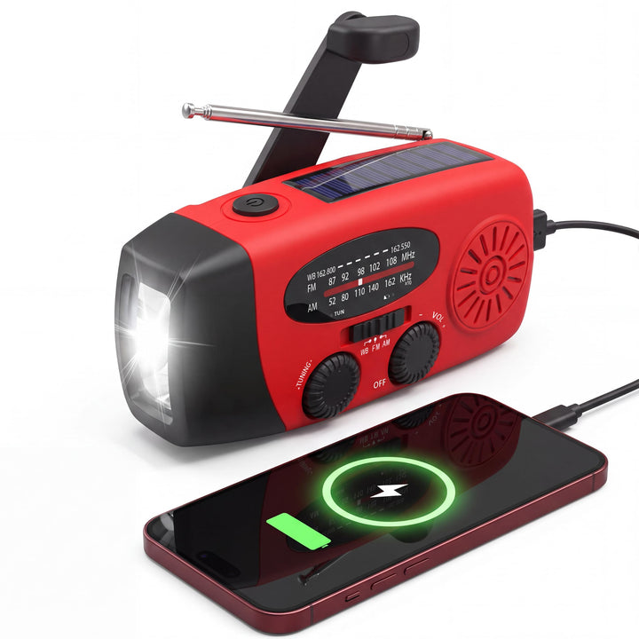 RunningSnail Hand Crank Radio with Flashlight, NOAA/AM/FM Emergency Radio | 2000mAh/7400mWh,Lightweight&Compact,Bright LED Flashlight,Cranked,Solar Power,USB-C,for Power Outage,Emergencies,Camping,Red