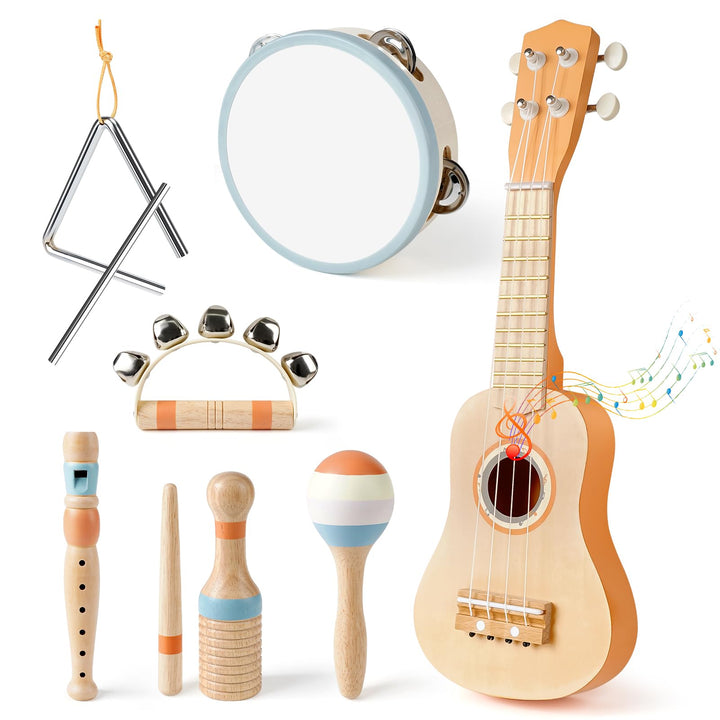 Vanplay Kids Guitar Set, 7-Piece Wooden Musical Instruments for Toddler 2-3 | Musical Band Set with wooden Ukulele/Flute/Maracas/Tambourine, Christmas/Birthday Gift for Boys & Girls Age 2 3 4 5