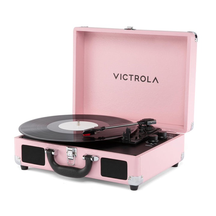 Victrola Journey II - Bluetooth Suitcase Record Player - Pink | Built-in stereo speakers, 3-speed turntable plays 7", 10" and 12" records, Bluetooth in and out, headphone jack