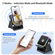 Induction Speaker with Phone Stand 5 in 1 Wireless Bluetooth Audio Black | Phone Speaker Amplifier for iPhone & Android with RGB Light and USB Wired Charging, Birthday Gift for Men Women Teens