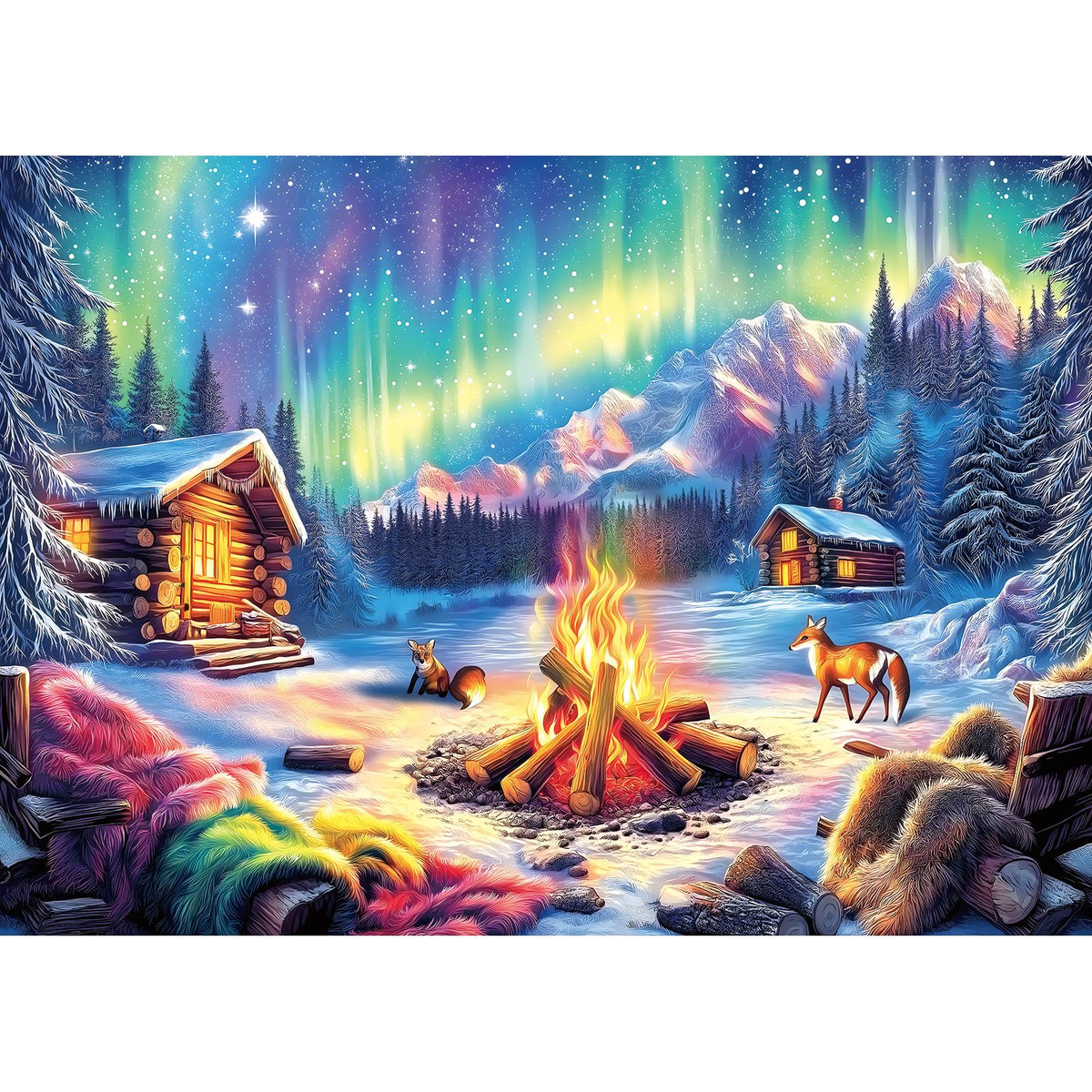 Blueforest 1000 Piece Jigsaw Puzzle, Northern Lights Winter Cabin Bonfire | Northern Lights Jigsaw Puzzles, Impossible Challenging Difficult Puzzle with Aurora, Perfect Holiday Gift for Family