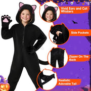 Halloween Cat Costume for Girls - Animal Costume Dress Up Gifts for Kids | Black Cat Halloween Costumes for Kids Age 3-10, Cheetah Costume Onesie, 3D Hood, Gifts for Birthday Party Cosplay, Role Play
