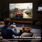 [Built-in Apps] Mini Projector 4K Supported, Android TV OS & Phone Remote | Projector with WiFi 6 & Bluetooth 5.4, Short Throw, Auto Keystone and 180° Rotation for Bedroom, Home Cinema and Outdoor Use