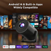 [Built-in Apps] Mini Projector 4K Supported, Android TV OS & Phone Remote | Projector with WiFi 6 & Bluetooth 5.4, Short Throw, Auto Keystone and 180° Rotation for Bedroom, Home Cinema and Outdoor Use