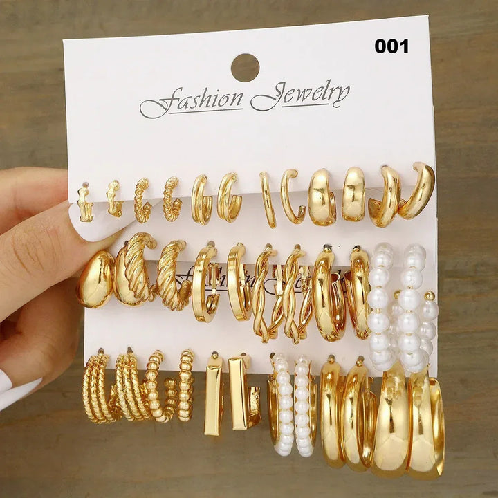 Geometric Hoop Earrings Set for Women, Vintage Bohemian Pearl Gold Tone Fashion Jewelry