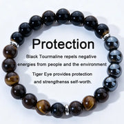 Triple Protection Gemstone Bracelet, Tiger Eye, Black Obsidian & Hematite 8mm Stretch Beads
