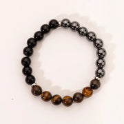 Triple Protection Gemstone Bracelet, Tiger Eye, Black Obsidian & Hematite 8mm Stretch Beads